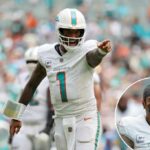 Tua Tagovailoa nº 1 do Miami Dolphins enfrenta o Los Angeles Chargers durante o quarto período no jogo no Hard Rock Stadium em 12 de outubro de 2025 em Miami Gardens, Flórida.