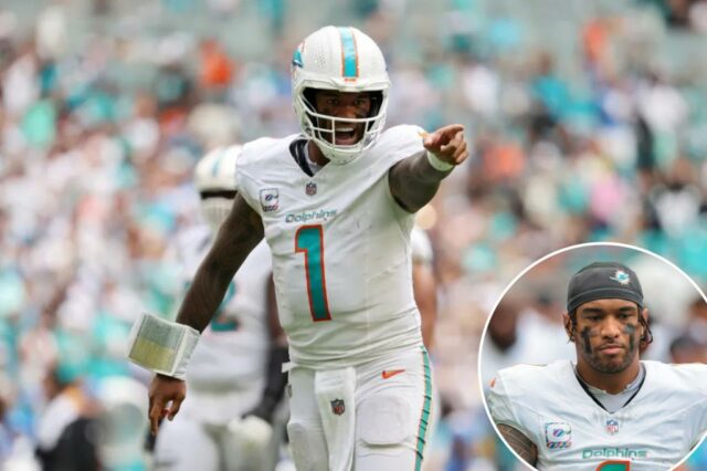 Tua Tagovailoa nº 1 do Miami Dolphins enfrenta o Los Angeles Chargers durante o quarto período no jogo no Hard Rock Stadium em 12 de outubro de 2025 em Miami Gardens, Flórida. 