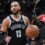 Tyrese Martin, que marcou três pontos, parece fazer uma jogada durante a vitória do Nets 123-88 sobre Hapoel Jerusalém em 4 de outubro de 2025.