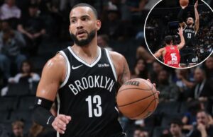Tyrese Martin atrai elogios de companheiros de equipe do Nets, treinador enquanto luta pelo ponto Tyrese Martin, que marcou três pontos, parece fazer uma jogada durante a vitória do Nets 123-88 sobre Hapoel Jerusalém em 4 de outubro de 2025.