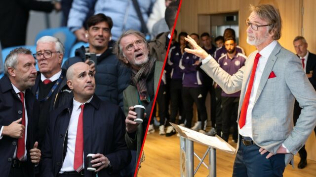 O diretor de futebol Jason Wilcox, o CEO do clube Omar Berrada e o chefe de Ineos, Sir Jim Ratcliffe, procuram antes da partida da Premier League entre o Manchester City e o Manchester United no Etihad Stadium em 2025 em Manchester, Inglaterra.