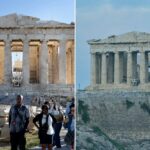 Templo do Partenon na colina da Acrópole com turistas em primeiro plano, com andaimes ainda visíveis dentro de sua estrutura.