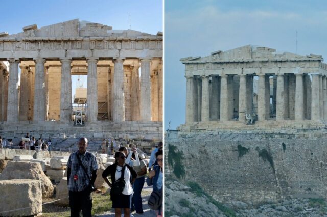 Templo do Partenon na colina da Acrópole com turistas em primeiro plano, com andaimes ainda visíveis dentro de sua estrutura.