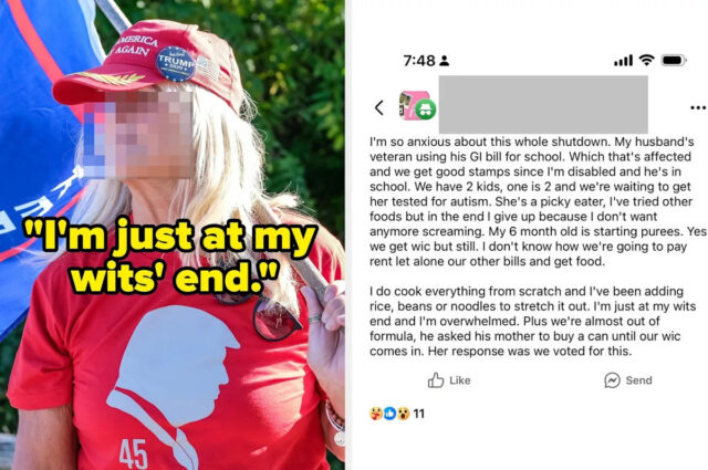 Uma mãe MAGA no SNAP está se tornando viral depois Pessoa vestindo um "Torne a América grande novamente" chapéu e camisa Trump, segurando uma bandeira em um evento ao ar livre