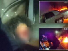 Vídeo de tirar o fôlego mostra policial puxando motorista suspeito de dirigir alcoolizado de seu carro em chamas Vídeo de tirar o fôlego mostra policial puxando motorista suspeito de dirigir alcoolizado de seu carro em chamas