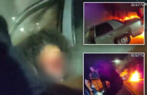 Vídeo de tirar o fôlego mostra policial puxando motorista suspeito de dirigir alcoolizado de seu carro em chamas Vídeo de tirar o fôlego mostra policial puxando motorista suspeito de dirigir alcoolizado de seu carro em chamas