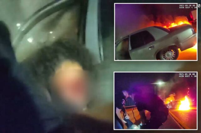 Vídeo de tirar o fôlego mostra policial puxando motorista suspeito de dirigir alcoolizado de seu carro em chamas


