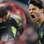 Senne Lammens comemora durante a partida da Premier League entre o Manchester United e o Sunderland em Old Trafford em 2025 em Manchester, Inglaterra.