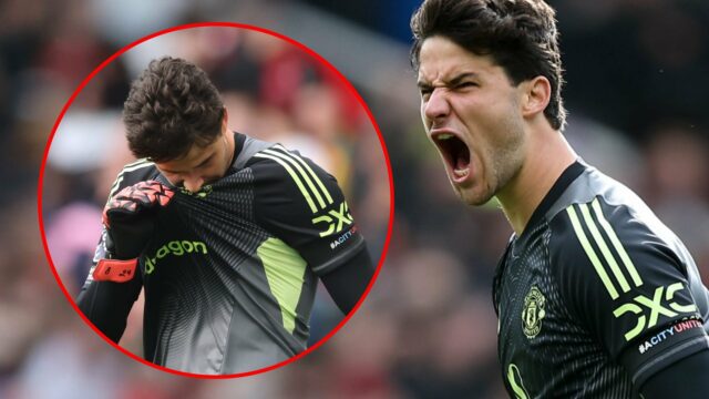 Senne Lammens comemora durante a partida da Premier League entre o Manchester United e o Sunderland em Old Trafford em 2025 em Manchester, Inglaterra.