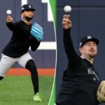 O arremessador do New York Yankees, Luis Gil, joga durante o treino.