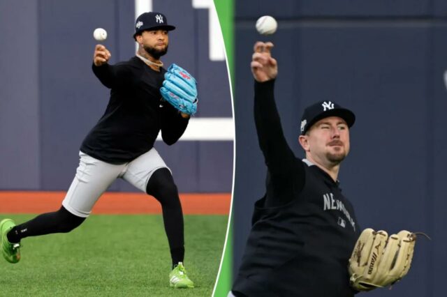 O arremessador do New York Yankees, Luis Gil, joga durante o treino.