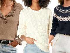 15 peças inspiradas em Dôen que você juraria que eram caxemira – a partir de US$ 14 mulher vestindo jaqueta, jeans e lenço