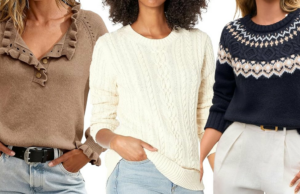 15 peças inspiradas em Dôen que você juraria que eram caxemira – a partir de US$ 14 mulher vestindo jaqueta, jeans e lenço