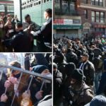 Oficiais da polícia de Nova York e oficiais federais afastando os manifestantes de uma garagem federal.