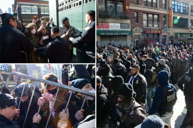 Oficiais da polícia de Nova York e oficiais federais afastando os manifestantes de uma garagem federal.