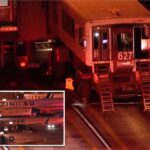 Vista aérea noturna de vários aviões da United Airlines em uma pista com veículos de emergência e luzes piscando, acompanhada por um banner de notícias