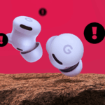 Mulher usando Google Pixel Buds Pro 2 em verde, com dois fones de ouvido flutuando ao seu redor e um texto grande dizendo