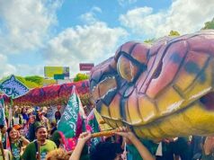 70.000 participam de protestos verdes na Conferência da ONU sobre Alarmismo Climático COP30 Título: Clima COP30 ID da imagem: 25319440345433 Artigo: Flavio Pinto participa de um protesto climático segurando dinheiro com o rosto do presidente Donald Trump durante a Cúpula do Clima da ONU COP30, sábado, 15 de novembro de 2025, em Belém, Brasil. (Foto AP/Fernando Llano)