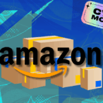 Anúncio da Cyber ​​​​Monday para Amazon com pacotes e presentes e fundo vermelho