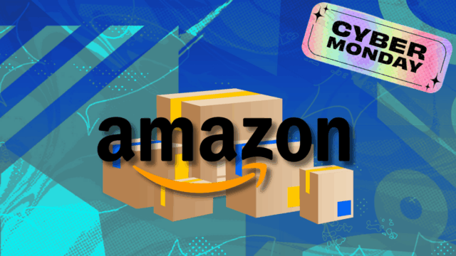 Anúncio da Cyber ​​​​Monday para Amazon com pacotes e presentes e fundo vermelho