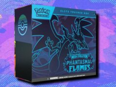 A Pokémon TCG Phantasmal Flames Elite Trainer Box está com valor de mercado na Amazon agora Cartões de ex-chase Mega Charizard X de Phantasmal Flames em um fundo estampado roxo