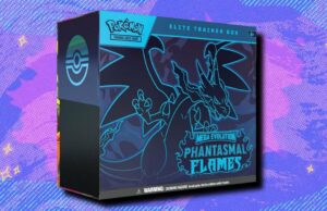 A Pokémon TCG Phantasmal Flames Elite Trainer Box está com valor de mercado na Amazon agora Cartões de ex-chase Mega Charizard X de Phantasmal Flames em um fundo estampado roxo
