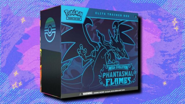 Cartões de ex-chase Mega Charizard X de Phantasmal Flames em um fundo estampado roxo