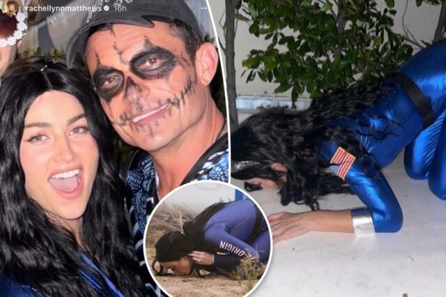 A atriz Rachel Lynn Matthews se veste como a astronauta A atriz Rachel Lynn Matthews se veste como a astronauta Katy Perry em foto de Halloween com Orlando Bloom