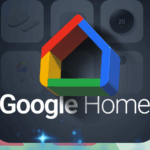 Colagem de telas do app Google Home mostrando vários controles e layouts de casa inteligente, com o logotipo do Google Home desmontado no centro.