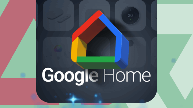 Colagem de telas do app Google Home mostrando vários controles e layouts de casa inteligente, com o logotipo do Google Home desmontado no centro.