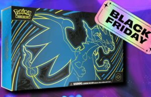 A coleção Mega Charizard X ex Ultra Premium caiu para valor de mercado na Amazon Cartões de ex-chase Mega Charizard X de Phantasmal Flames em um fundo estampado roxo