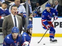 A contínua ausência de lesão de Will Borgen no Rangers força Mike Sullivan a continuar embaralhando O defensor do New York Rangers, Will Borgen (17), patina com o disco.