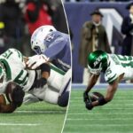 13/11/25 Patriotas da Nova Inglaterra vs. New York Jets no Gillette Stadium: Adonai Mitchell nº 15 do New York Jets não consegue completar uma recepção para a terceira descida durante o segundo quarto.