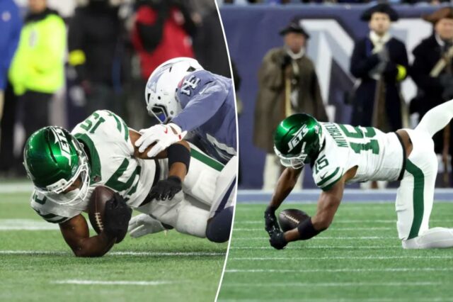 A estreia de Adonai Mitchell nos Jets vai para o 13/11/25 Patriotas da Nova Inglaterra vs. New York Jets no Gillette Stadium: Adonai Mitchell nº 15 do New York Jets não consegue completar uma recepção para a terceira descida durante o segundo quarto.