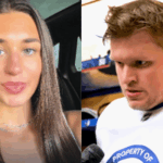 A ex-namorada Lauren Mochen diz que o atacante da NHL Arthur Kaliyev drenou suas finanças para jogar. Fotos lado a lado. À esquerda está uma jovem com longos cabelos castanhos e lisos, olhos claros e um leve sorriso, parecendo gravar-se em um carro. À direita está um jogador de hóquei com uma camisa branca de treino falando aos repórteres em um vestiário, parecendo sério e concentrado.
