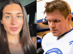 A ex-namorada Lauren Mochen diz que o atacante da NHL Arthur Kaliyev esgotou suas finanças para jogar A ex-namorada Lauren Mochen diz que o atacante da NHL Arthur Kaliyev drenou suas finanças para jogar. Fotos lado a lado. À esquerda está uma jovem com longos cabelos castanhos e lisos, olhos claros e um leve sorriso, parecendo gravar-se em um carro. À direita está um jogador de hóquei com uma camisa branca de treino falando aos repórteres em um vestiário, parecendo sério e concentrado.