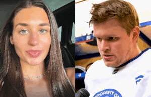 A ex-namorada Lauren Mochen diz que o atacante da NHL Arthur Kaliyev esgotou suas finanças para jogar A ex-namorada Lauren Mochen diz que o atacante da NHL Arthur Kaliyev drenou suas finanças para jogar. Fotos lado a lado. À esquerda está uma jovem com longos cabelos castanhos e lisos, olhos claros e um leve sorriso, parecendo gravar-se em um carro. À direita está um jogador de hóquei com uma camisa branca de treino falando aos repórteres em um vestiário, parecendo sério e concentrado.