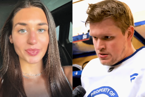 A ex-namorada Lauren Mochen diz que o atacante da NHL A ex-namorada Lauren Mochen diz que o atacante da NHL Arthur Kaliyev drenou suas finanças para jogar. Fotos lado a lado. À esquerda está uma jovem com longos cabelos castanhos e lisos, olhos claros e um leve sorriso, parecendo gravar-se em um carro. À direita está um jogador de hóquei com uma camisa branca de treino falando aos repórteres em um vestiário, parecendo sério e concentrado.