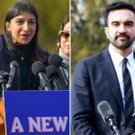 A copresidente de transição Lina Khan fala durante uma conferência de imprensa no Unisphere em Flushing Meadows Corona Park em 5 de novembro de 2025 no bairro de Queens, na cidade de Nova York.