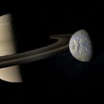 Mimas satellite orbiting around the Saturn planet. 3d render