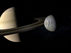 A lua da ‘Estrela da Morte’ de Saturno pode ter um oceano fervente sob uma concha gelada Mimas satellite orbiting around the Saturn planet. 3d render