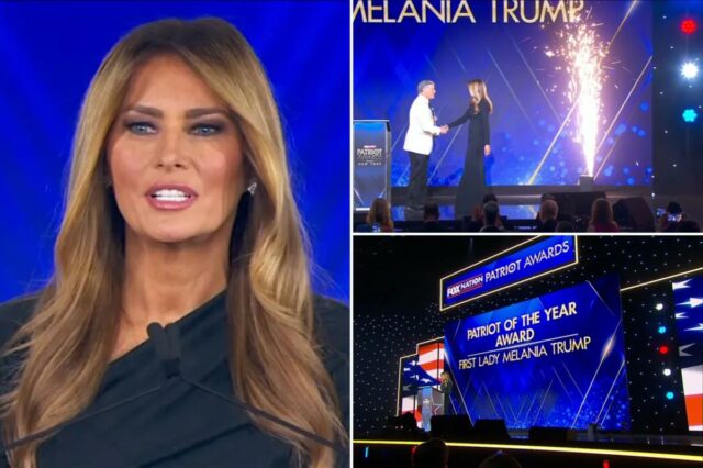 A primeira-dama Melania Trump recebe a homenagem de 'Patriota do A primeira-dama Melania Trump recebe a homenagem de 'Patriota do Ano' no Fox Nation's Patriot Awards