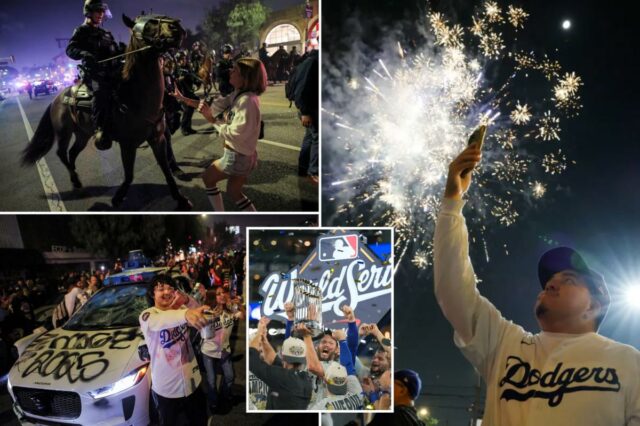 A vitória dos Dodgers World Series provoca caos nas ruas de Los Angeles – a polícia usa gás lacrimogêneo após ser atingida por fogos de artifício e garrafas
