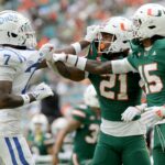 Duke Blue Devils tussle against Jaylin Alderman #21 and Markeith Williams #15 of the Miami Hurricanes
