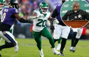 Aaron Glenn evita a pergunta sobre por que Breece Hall não estava em campo para a quarta descida crítica dos Jets Breece Hall corre com a bola durante a derrota dos Jets em 24 de novembro para os Ravens.