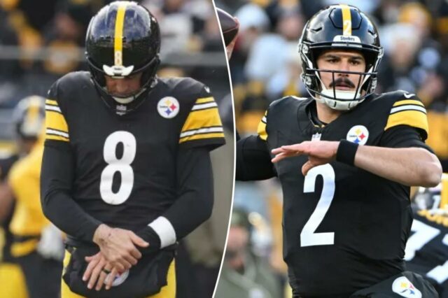 O quarterback do Steelers, Aaron Rodgers, segura o pulso esquerdo após se machucar contra o Bengals em 16 de novembro de 2025.