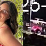 Elsa McGrain, uma jovem de cabelos castanhos e olhos azuis, sorri para a câmera enquanto usa um vestido estampado vermelho e branco.