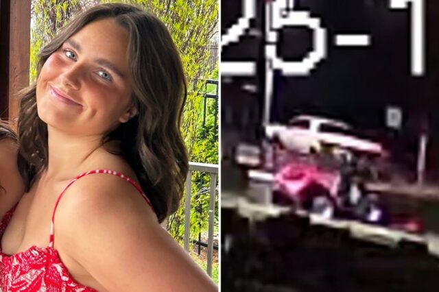 Elsa McGrain, uma jovem de cabelos castanhos e olhos azuis, sorri para a câmera enquanto usa um vestido estampado vermelho e branco.