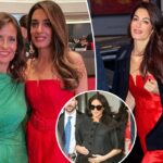 Amal Clooney traz de volta o macacão com cinto vermelho que usou no chá de bebê de Meghan Markle