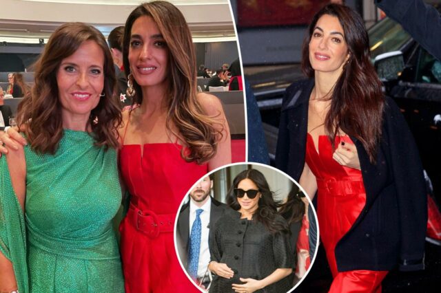 Amal Clooney traz de volta o macacão com cinto vermelho que usou no chá de bebê de Meghan Markle
